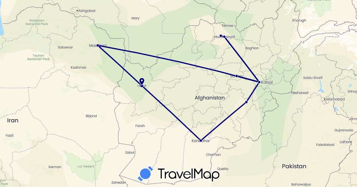 TravelMap itinerary: driving in Afghanistan, Iran (Asia)